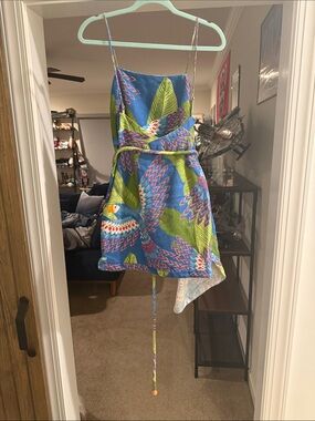 FARM Rio Blue Tropical Parrot Print Sundress with Green Accents